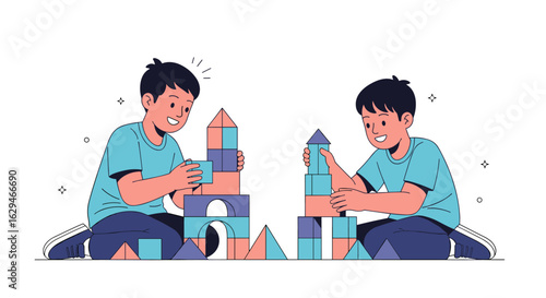 Two young boys engaged in building towers with colorful wooden blocks indoors having fun