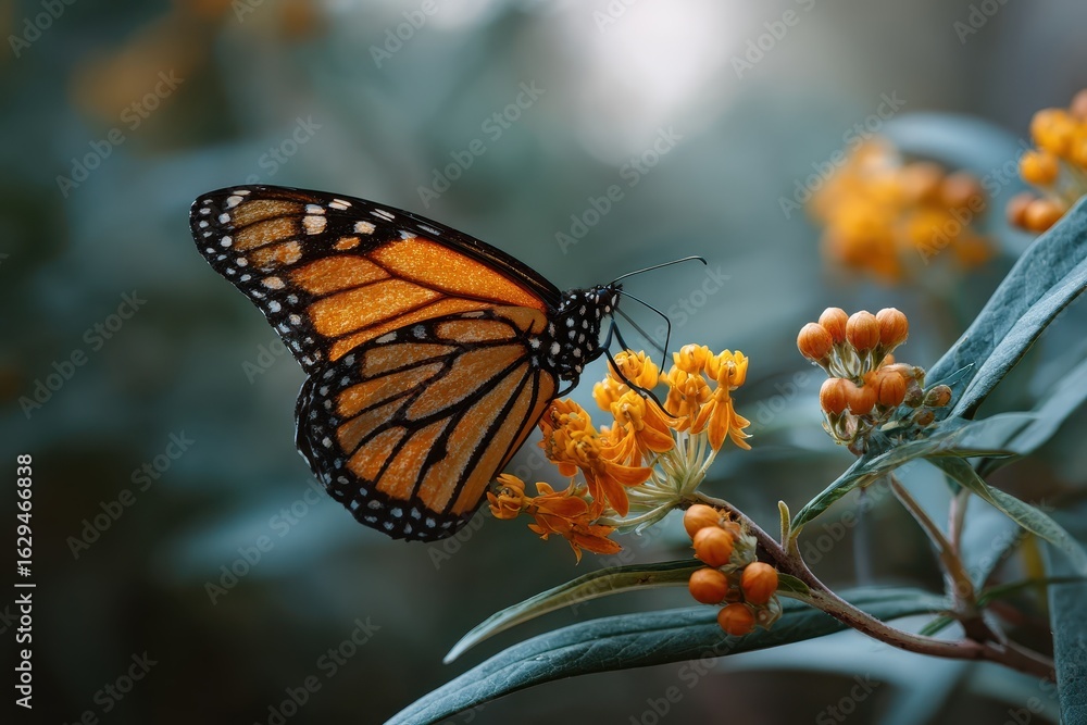 Obraz premium Monarch butterfly foraging on vibrant native milkweed flowers in a lush outdoor habitat during early morning hours
