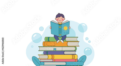 A child enthusiastically reads a book atop a tall stack of colorful volumes surrounded by gentle bubbles