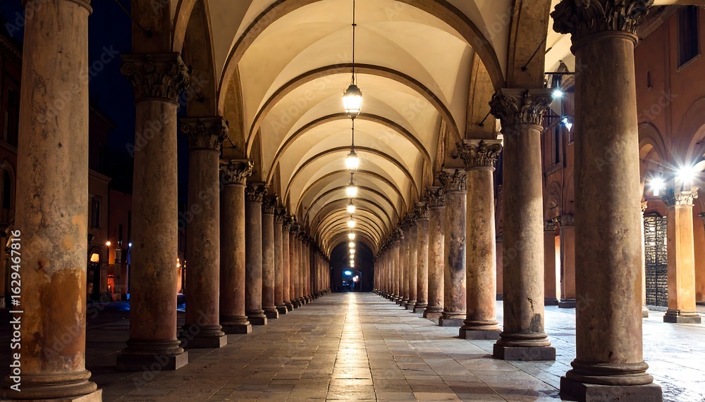 Fototapeta premium Night view of a long colonnade with lit arches, creating a perspective leading to a distant point