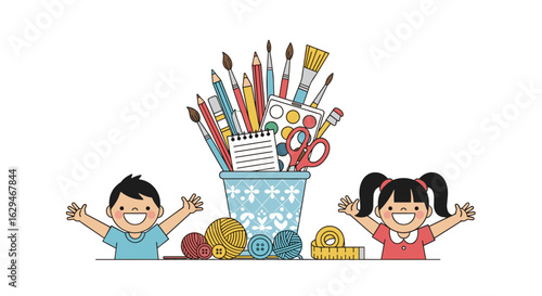 Creative kids enthusiastically enjoying art supplies and crafting materials together
