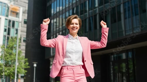 Joyful businesswoman in a pink pantsuit celebrating success in front of a modern office building.