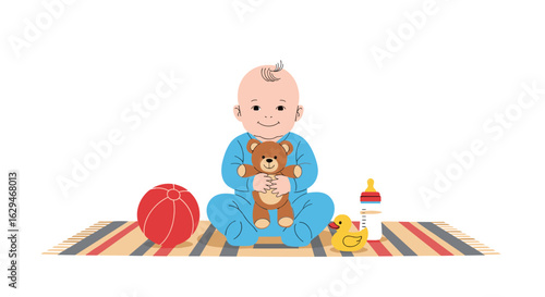 Adorable infant enjoys playtime with beloved stuffed animal and toys on colorful mat