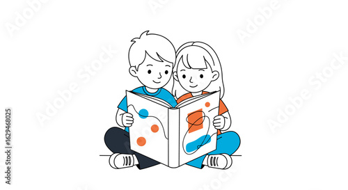 Two adorable children joyfully reading an illustrated storybook together