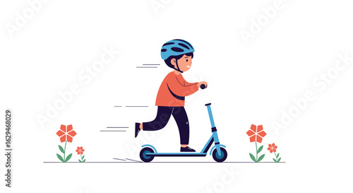 Young boy with helmet riding blue kick scooter on path near flowers enjoying outdoor activity