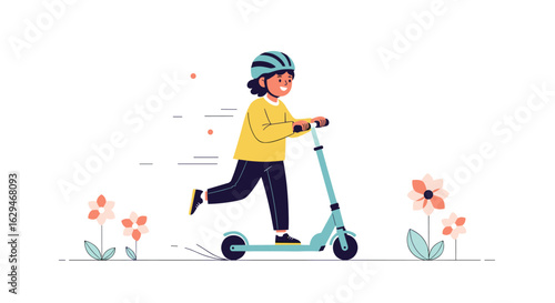 Young child joyfully riding a scooter through a sunny park among blooming flowers
