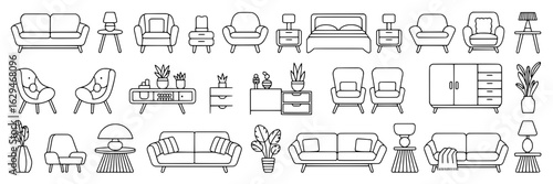 Mid-century modern furniture line icon set: sofas, armchairs, nightstands, lamps, dressers, houseplants. Vector illustration collection for interior design, home decor, furniture store. Minimalist bla