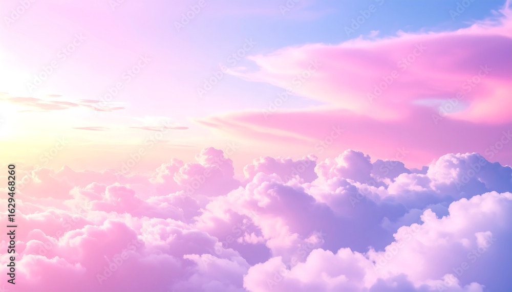 Obraz premium A serene sky filled with fluffy pink and purple clouds, illuminated by soft golden sunlight.