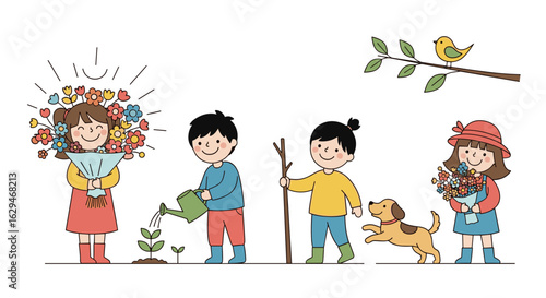 Children enjoying spring activities planting flowers and spending time outdoors with a pet bird