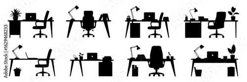 Workspace silhouettes collection: desks, chairs, lamps, laptops, plants, books. Black and white vector illustration set for office, home office, workplace themes. Design elements, icons, graphic resou
