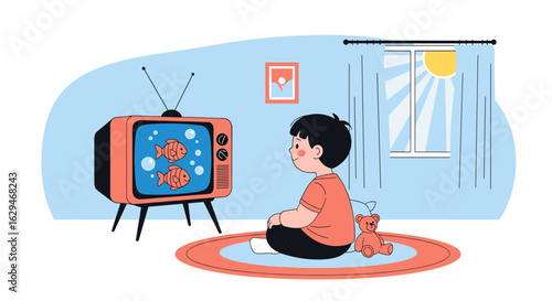 Child watching educational program about aquatic life on retro television set