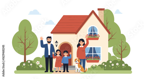Happy family standing outside their new home waving hello with their dog