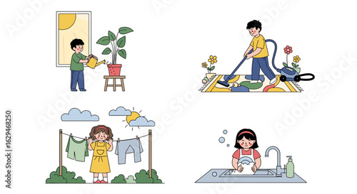 Children engaged in various household chores and activities for daily life