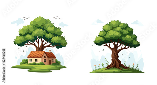 Charming cottage nestled under a majestic oak tree nature harmony and organic living