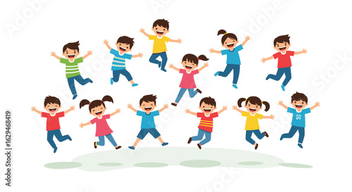 A group of joyful children expressing happiness while jumping up together in the air during outdoor playtime