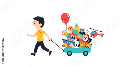 Happy boy pulling wagon full of toys and a balloon on a white background