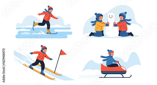Children enjoying winter activities including ice skating building snowman skiing and sledding outdoors