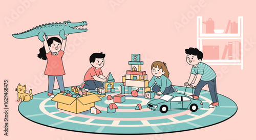 Children happily play together with many colorful toys in a cozy room