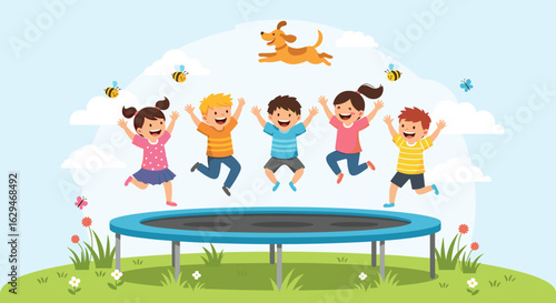 Children joyfully jumping high on a trampoline outdoors with a dog flying overhead