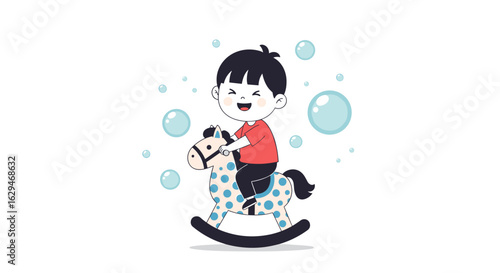 Joyful child rides spotted rocking horse surrounded by floating bubbles childhood playtime activity