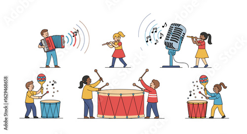 Creative children enjoy making music together with various instruments for fun