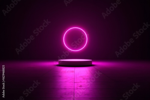 Neon circle product showcase podium stand with pink light for product presentation