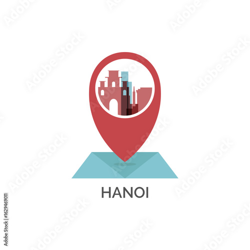 Hanoi, Vietnam logo with map pin point, skyline. Vector flat badge, isolated illustration. Clip art with city emblem with landmarks and building silhouettes