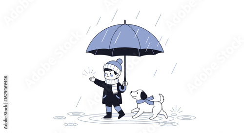 A youngster walking under an umbrella with their dog on a rainy day