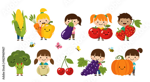 Joyful children embracing nutritious fruits and vegetables promoting healthy eating habits