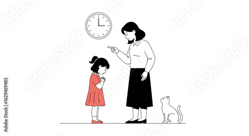 Mother scolding child near clock with pet dog watching family discipline moment