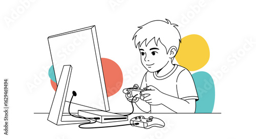 Engaging young gamer concentrates intently on exciting computer entertainment experience