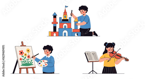 Children engaged in creative arts and construction activities developing essential skills
