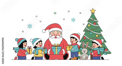 Santa claus delivers gifts to happy children by a decorated christmas tree with falling snowflakes