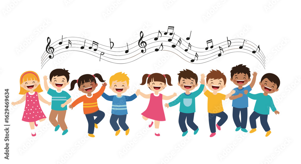 Fototapeta premium Joyful children dancing together in harmony with musical notes above