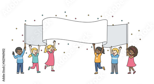 Diverse children holding up a blank banner for your message