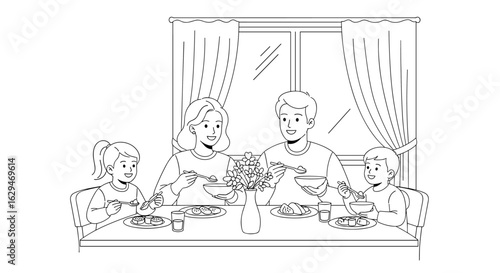 A happy family enjoying a delicious meal together around the dinner table