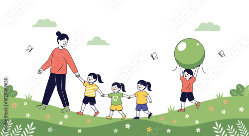A teacher leads young students holding hands in a green meadow with butterflies