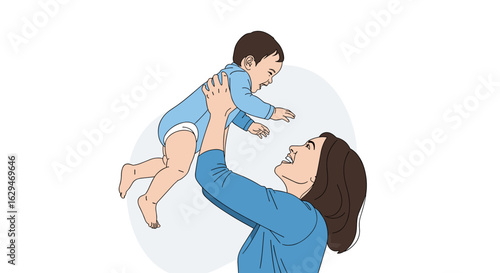 A joyful mother tosses her adorable infant high into the air with a bright smile
