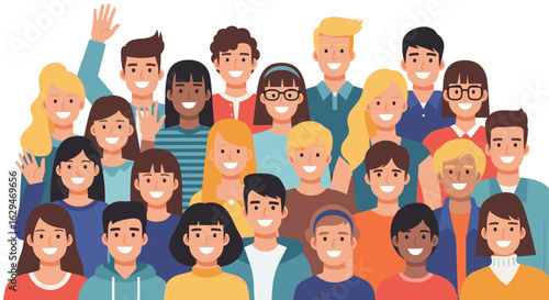 Diverse group of people smiling and waving showing unity and happiness