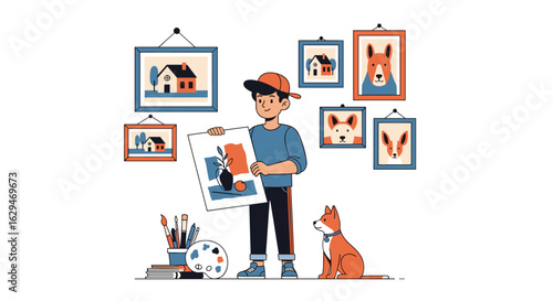 Young artist proudly displays his colorful painting creation to his loyal canine companion