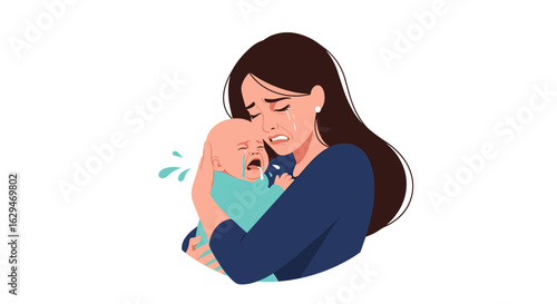 Overwhelmed mother struggles to comfort her distressed crying baby on her arm