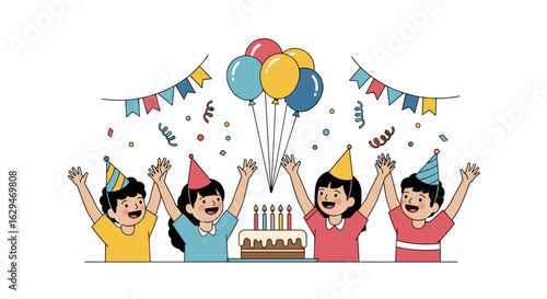 Joyful celebration kids party birthday bash with cake and balloons creating happy memories