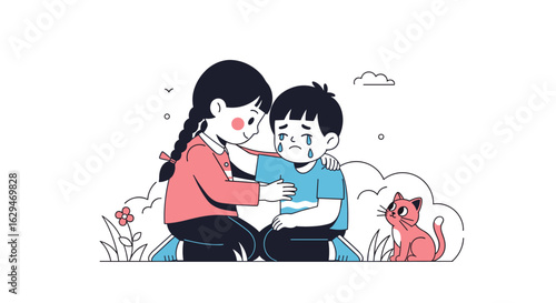 Little sister comforts crying brother with her hand on his shoulder a cat nearby