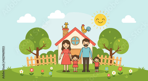 Happy family standing outside their home under a sunny sky with green trees and colorful flowers