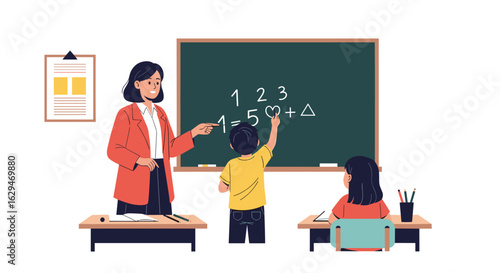 A dedicated teacher guides young students in a bright classroom environment