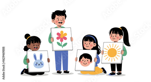 Children happily displaying their artwork in a classroom setting showcasing their creative talents