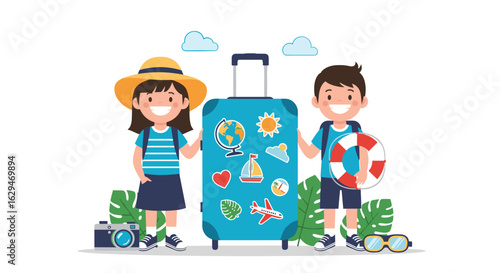 Excited young explorers ready for vacation with a vibrant blue suitcase decorated with travel stickers