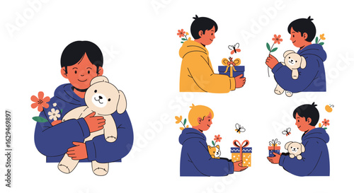 Children cherishing their beloved stuffed animal friends with joyful blooms and buzzing bees