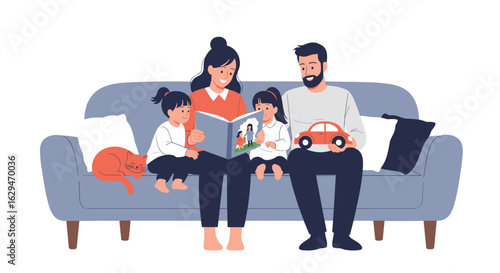 A family engaged in a storytelling session on a comfortable sofa