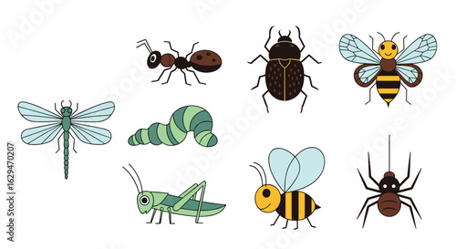 An assortment of colorful insects and arthropods in a simple illustration